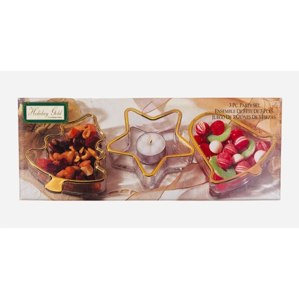 Holiday Gold Indiana Glass Christmas Candy Serving Dish Candle Holder Set of 3 - Picture 1 of 10